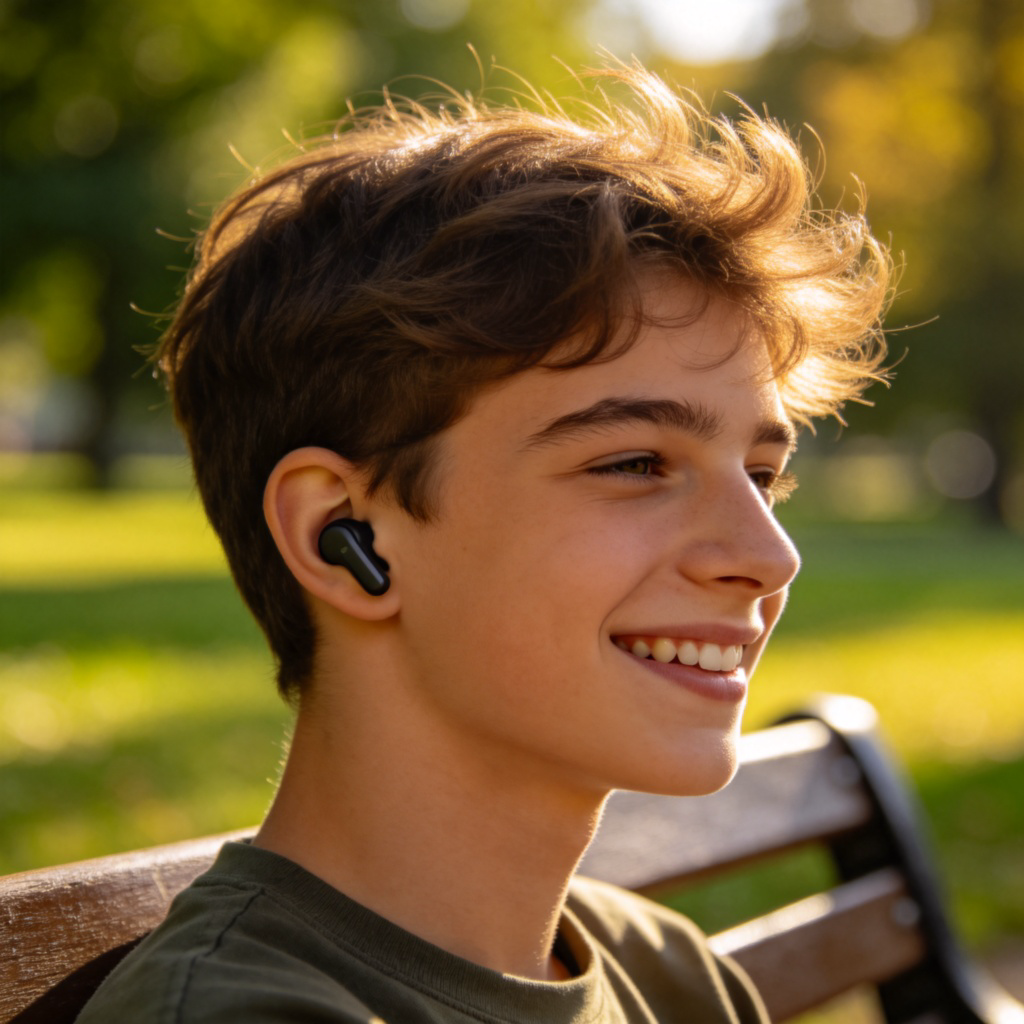 A young person sitting on a park bench, wearing wireless headphones and smiling while listening to music. Close-up on the ear with the headphone, natural lighting, green park background. Focus on the act of hearing sound, with a relaxed expression. No text.
