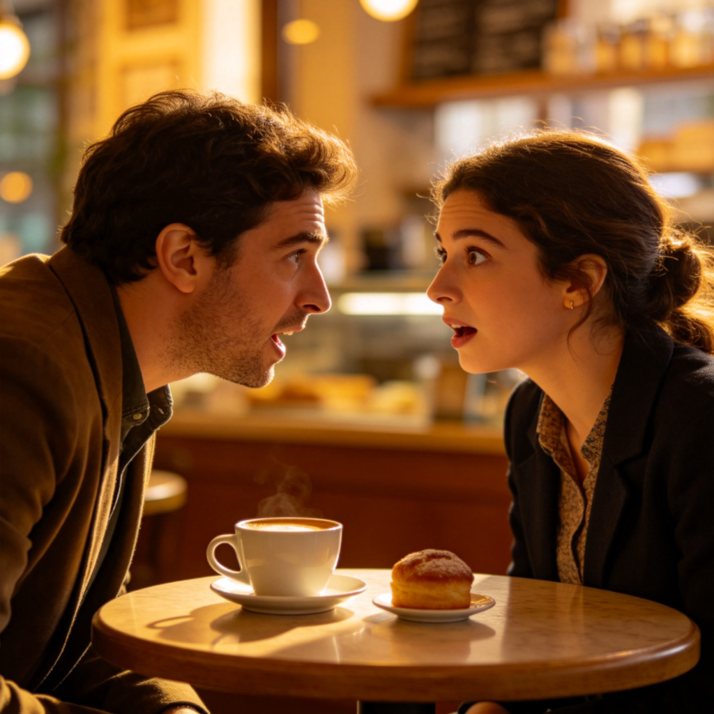Two people having a conversation at a cozy café, one person leaning forward and speaking earnestly, the other listening with a surprised and interested expression. Warm lighting, focus on their interaction and facial expressions, showing the exchange of information. No text.