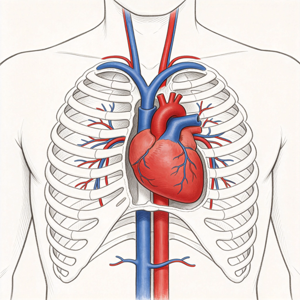 A highly detailed, realistic cross-sectional illustration of a human torso, focusing on the chest area. A healthy red human heart is clearly visible inside the ribcage, with blue and red blood vessels connected to it. Clean medical drawing style on a white background. No text or labels.