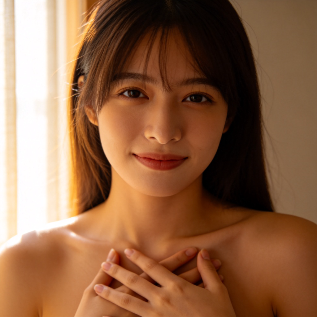 A close-up photo of a person's hands gently placed over their own chest, with a sincere and warm expression in their eyes. Soft, warm lighting from a window creates a gentle glow, emphasizing a feeling of emotion and sincerity. Plain, calm background.