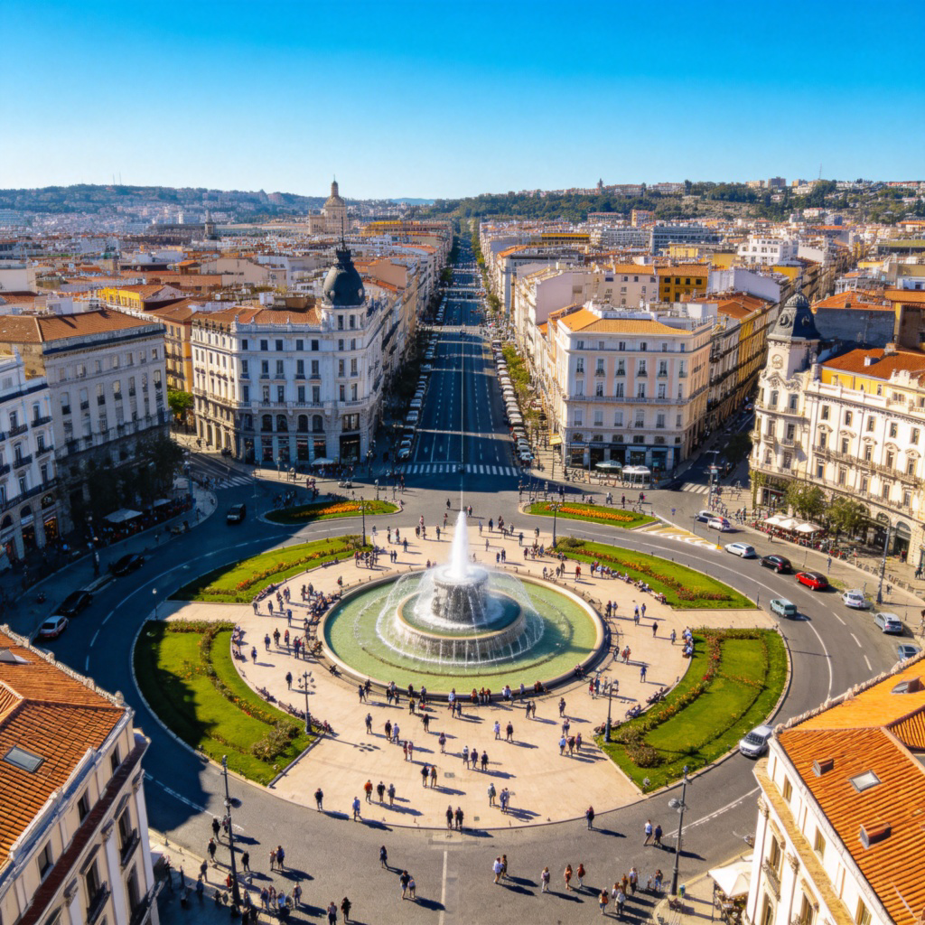 An aerial view of a bustling city square during the day. People are walking around a central fountain or monument, with main roads leading into the square from all sides. Bright sunlight, clear sky, the square is clearly the focal point of the city layout. No text.