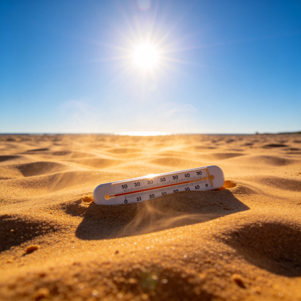 A bright sun high in a clear blue sky, shining down on a dry, sandy beach. The sand looks very hot, with visible heat waves shimmering above its surface. A simple thermometer lies on the sand, showing a high temperature. Focus on the sun and the hot sand.