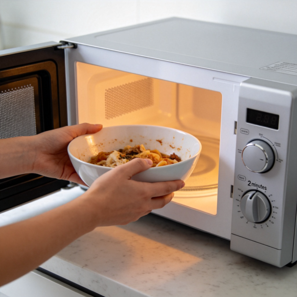 Close-up of a person's hands placing a bowl of leftover food into a modern microwave oven. The microwave door is open, and the interior light is on. The bowl is visible, and the setting dial is turned to ‘2 minutes’. Clean kitchen counter in the background.
