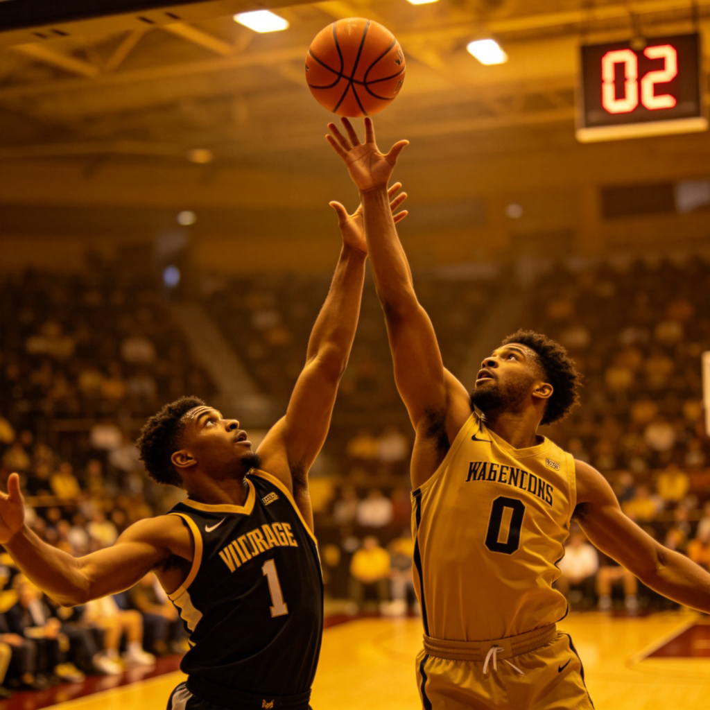 Two basketball players in mid-air, both reaching for the ball during a crucial game. Their faces show intense focus and effort. The stadium crowd is a blurred background, and the shot clock shows very little time left. The image captures a moment of high-pressure competition.