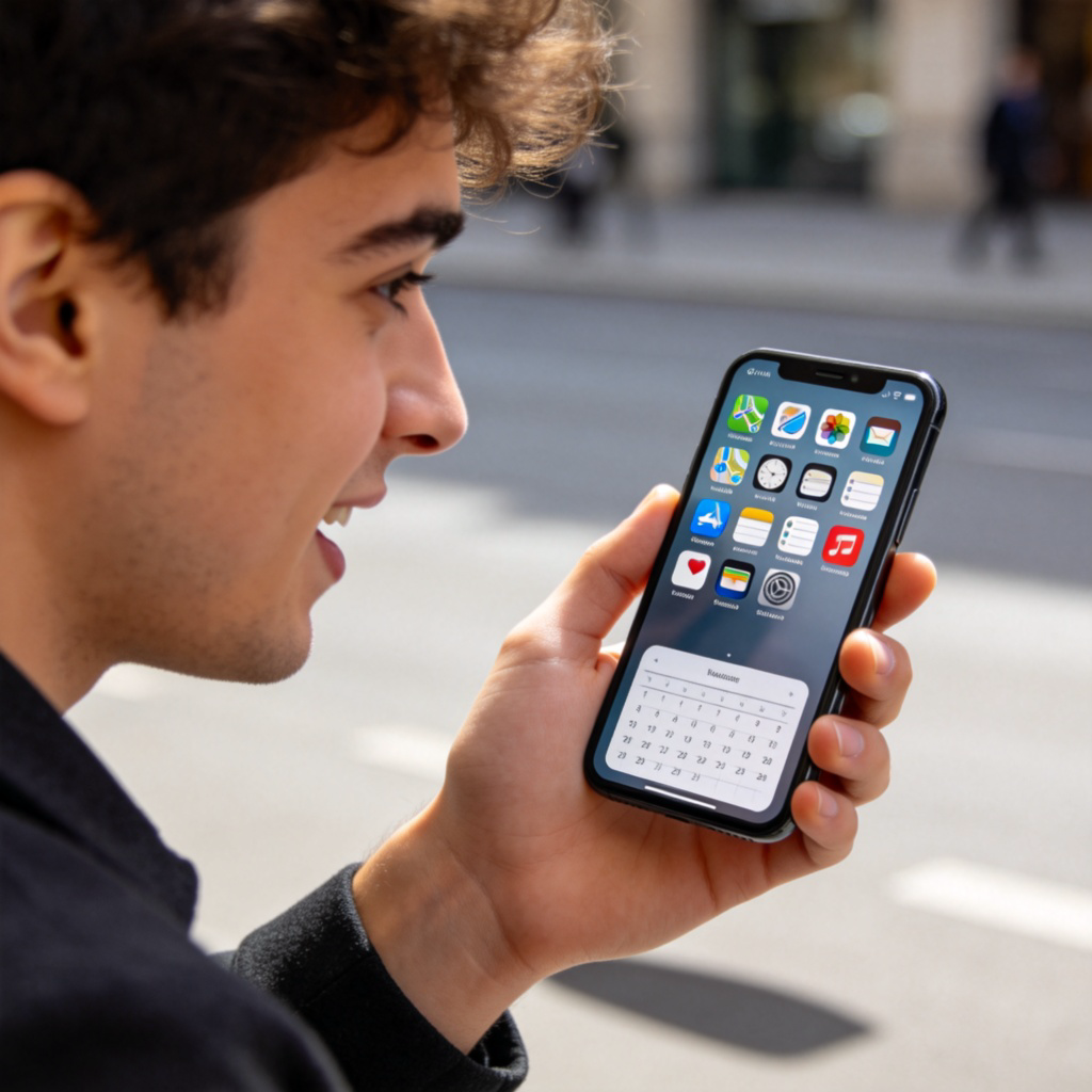 A person looking at their smartphone screen displaying multiple app icons for maps, messages, and a calendar. The person's expression shows dependence. The phone screen is the clear focus, with a slightly blurred background of a street. Clean, realistic style, no text.