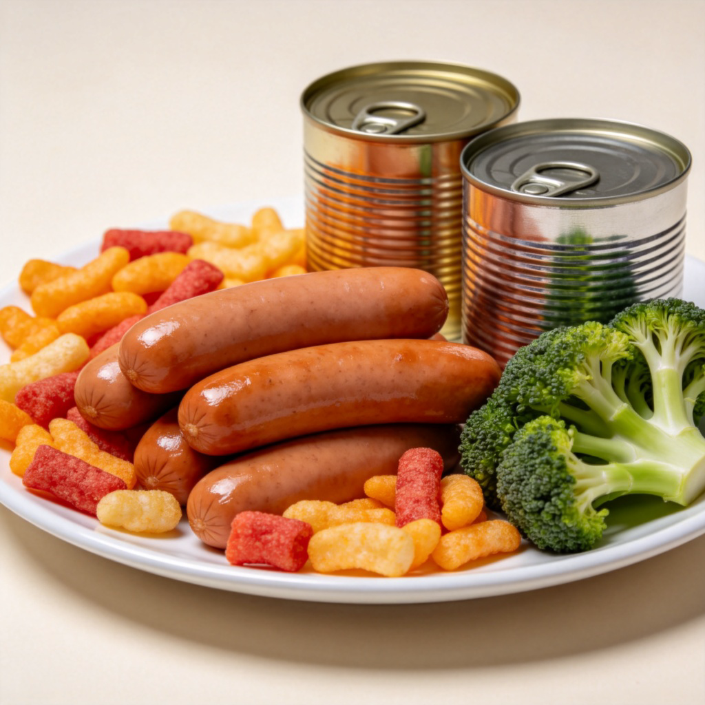 A close-up of a plate of food showing highly processed items like sausages, brightly colored snacks, and canned goods, contrasted with a small portion of fresh broccoli on the side. Sharp focus on the food, plain background. Photorealistic style, no text.