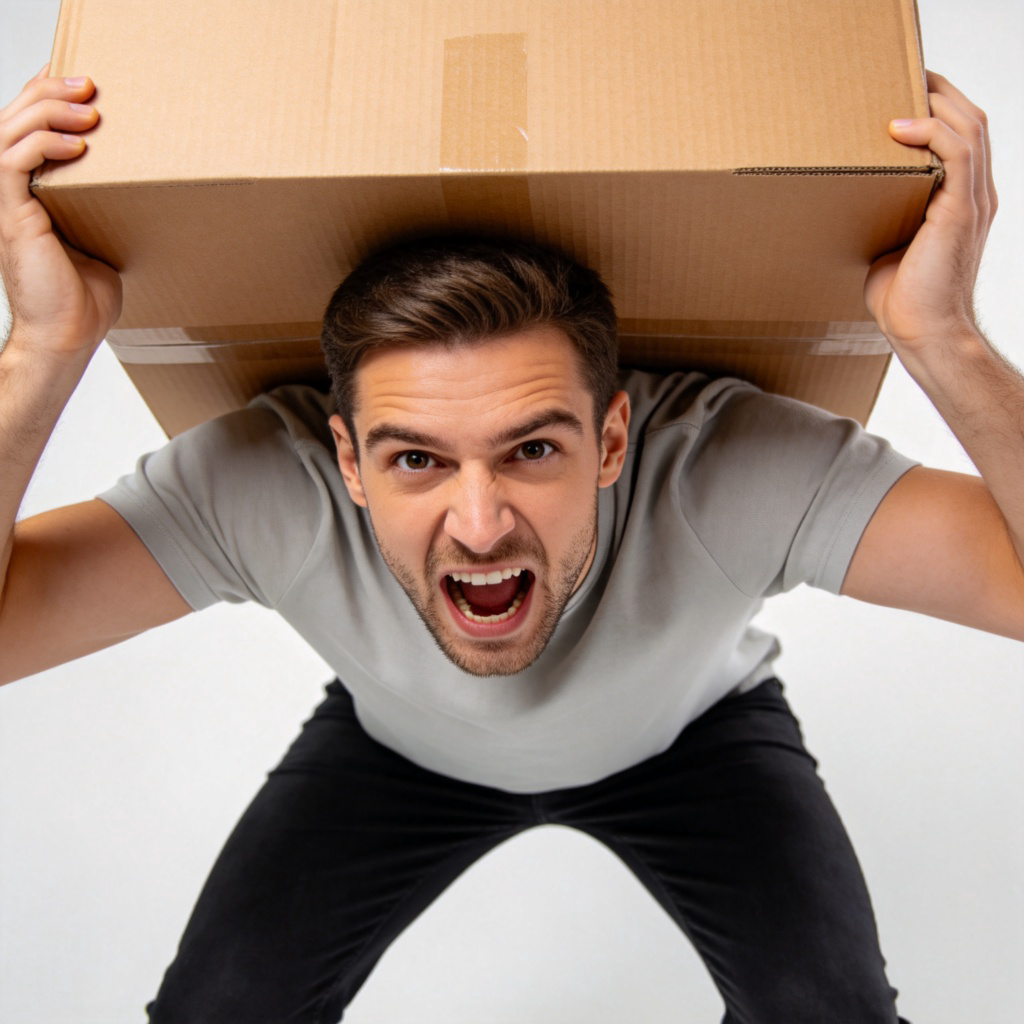 A person struggling to lift a large, brown cardboard box. The box is visibly full, with the person's knees slightly bent and arms straining under the weight. Plain, light-colored background, clear focus on the box and person's effort.