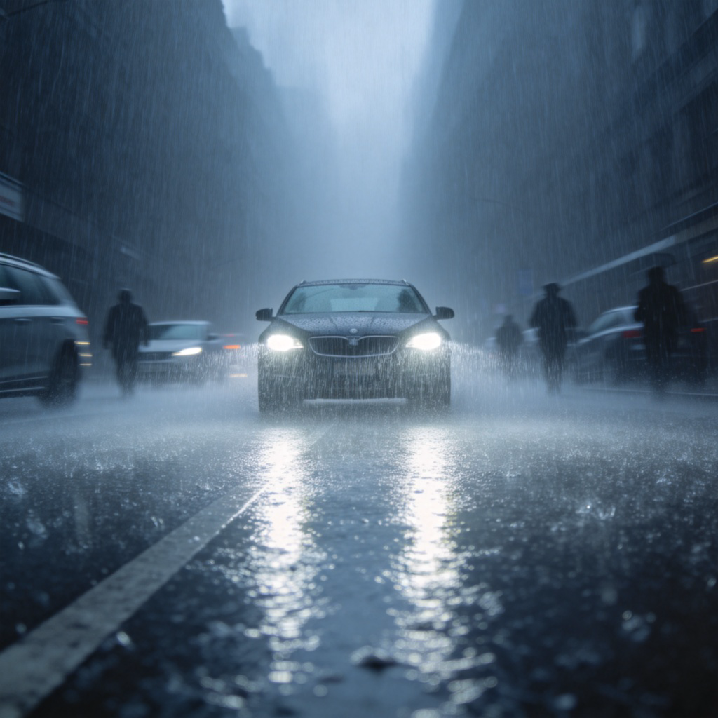 A street scene during a heavy downpour. Rain is falling so densely it creates a blurry, grey curtain. A car's headlights are on and reflect on the wet road. The atmosphere feels overwhelming and soaked.