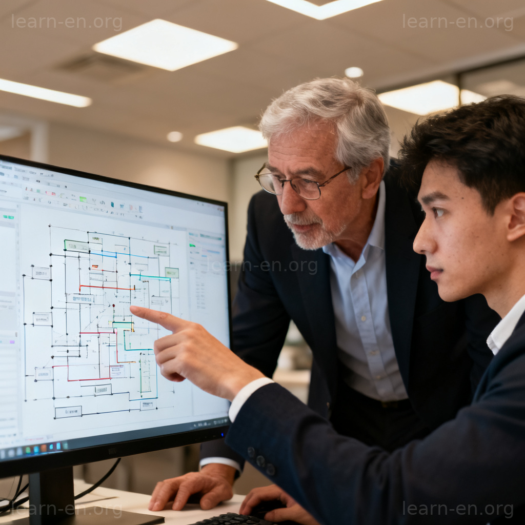 Heir learning from senior colleague in modern office mentorship