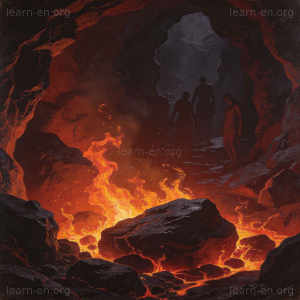 hell 宗教含义图解：艺术风格描绘的黑暗、火焰燃烧的地狱景象