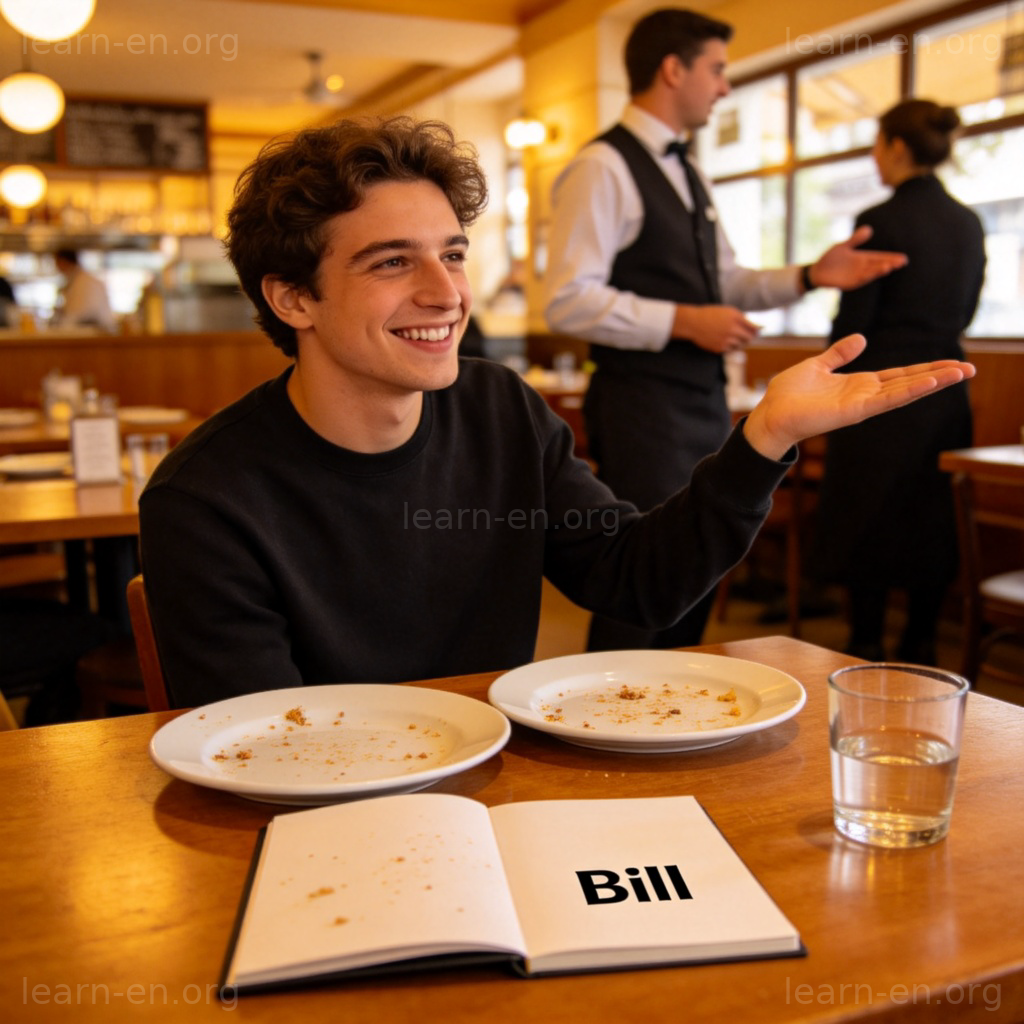 Hello, check please 餐厅结账场景图解：顾客微笑示意服务员