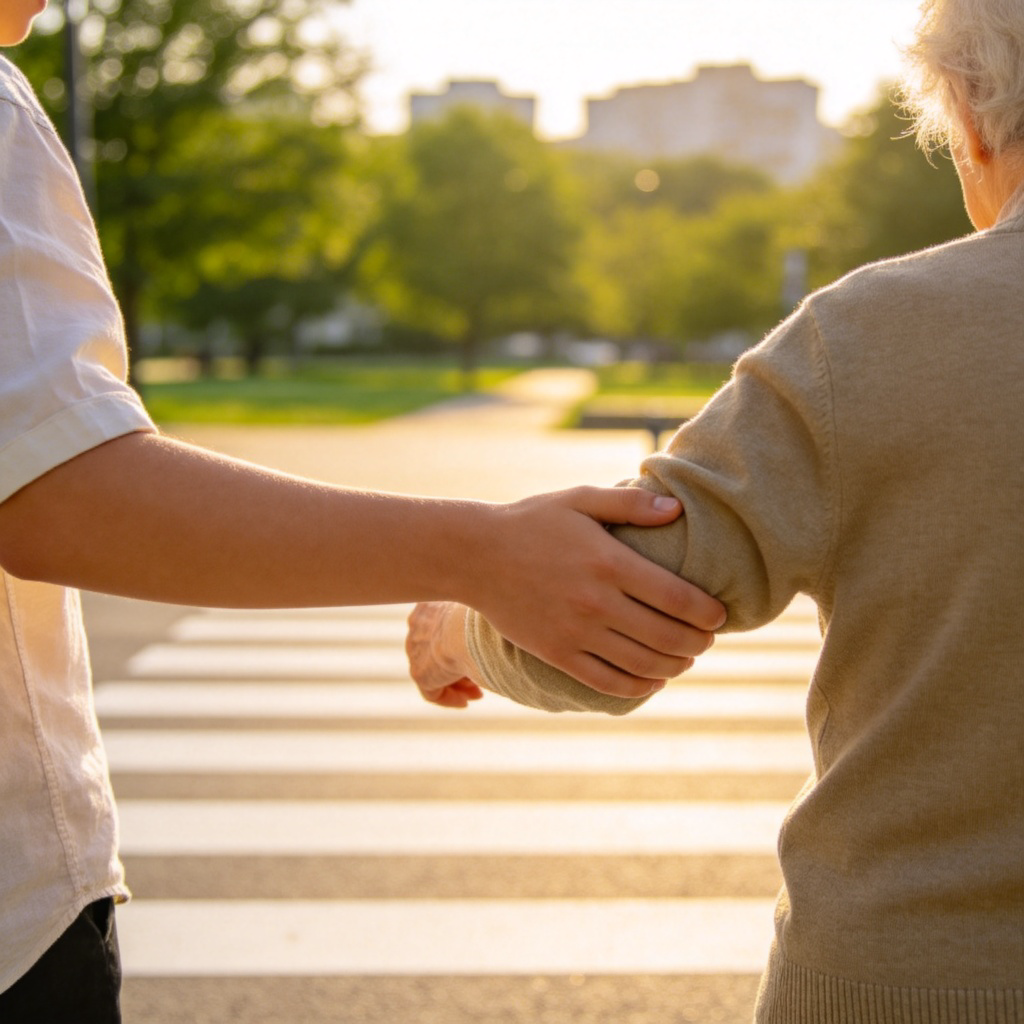 A young person gently holding the elbow of an elderly person, helping them cross a street with a visible pedestrian crossing. Sunny day, clear focus on the supportive hands and kind expressions. Background is slightly blurred, showing a park and buildings. No text.