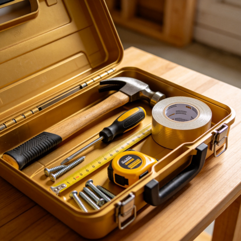 A close-up photo of a well-organized toolbox open on a wooden table. Inside are clearly useful items: a hammer, a screwdriver, a measuring tape, and a roll of duct tape. The tools are neatly arranged, conveying a sense of usefulness and problem-solving. Natural lighting, clean background. No text.