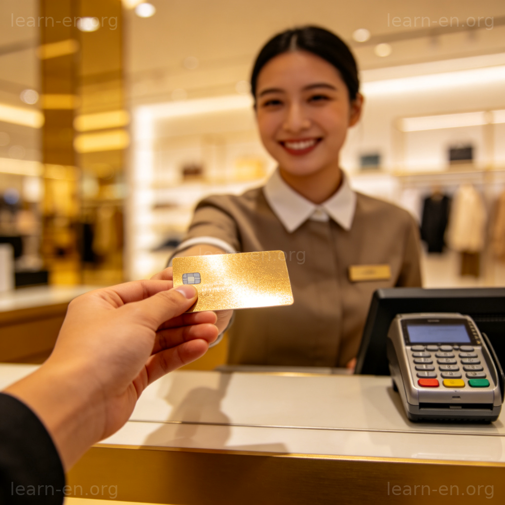 Here is my credit card 场景图解：顾客向收银员出示信用卡