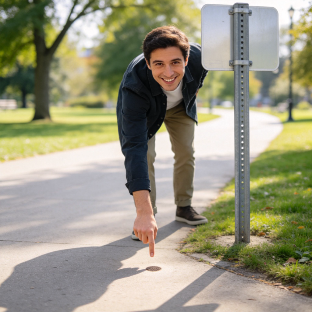 A person standing next to a clear street sign, pointing down at a specific spot on the ground with their finger. The person is smiling, looking at the viewer. Bright daylight, simple urban background like a park path. The focus is on the pointing gesture and the spot on the ground.