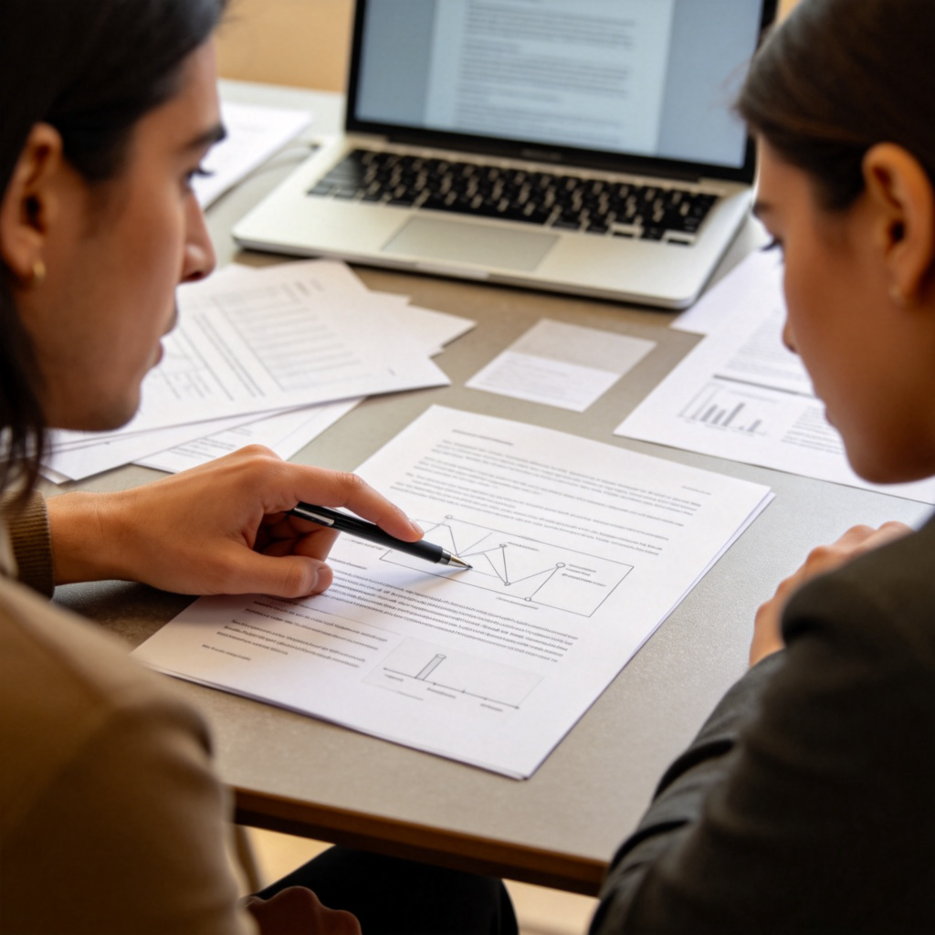 Two people having a discussion at a table with papers and a laptop. One person is pointing with a pen at a specific sentence or diagram on a printed document. Close-up shot focusing on the pointed-at detail and the person's intent expression. Office or library setting with soft lighting.