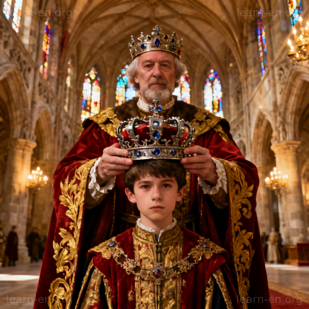 Hereditary succession: king crowning son in coronation ceremony