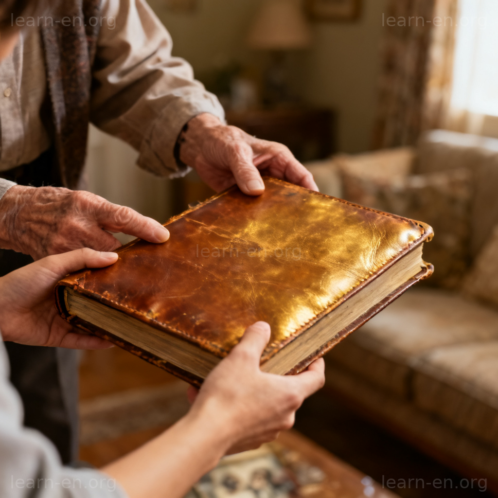 Heritage meaning: elderly hands passing a family photo album to a younger generation, symbolizing inheritance.