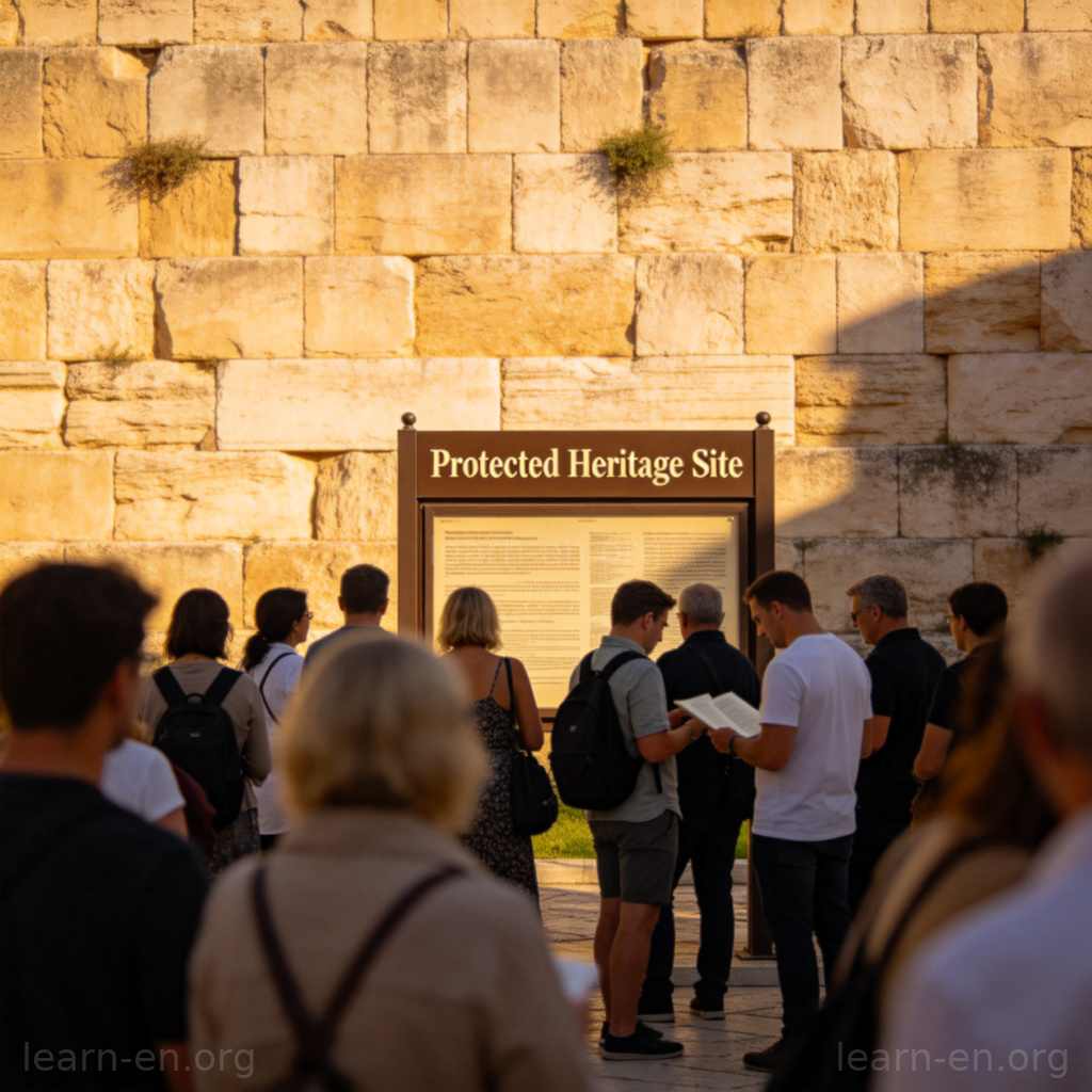 Heritage site 图解：阳光下的古城墙与‘受保护遗产地’标识牌