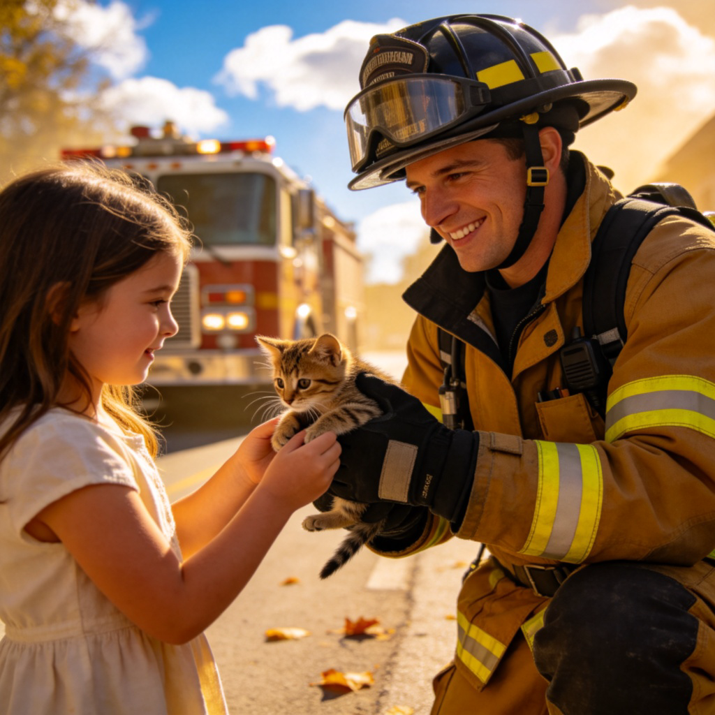 A smiling firefighter in full uniform, gently handing a rescued kitten to a relieved little girl on a sunny street. The firefighter is the clear focus, with the fire truck slightly blurred in the background. Photorealistic style, warm lighting. No text or logos.