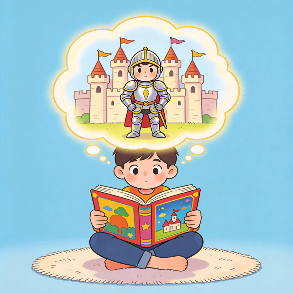 A child reading a colorful storybook, with a vivid imagination bubble above their head showing a cartoonish knight in shining armor standing bravely in front of a castle. The focus is on the child and the imaginative bubble. Illustration style, bright and clear. No text.