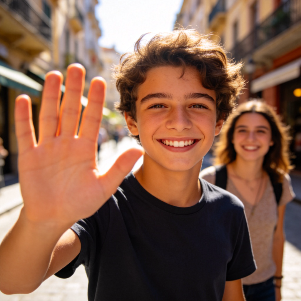 A young person with a bright smile, waving their hand towards the viewer. They are standing on a sunny street. Another person is seen in the background smiling back. The focus is on the friendly greeting gesture and expression. Photorealistic style, clear and warm lighting.