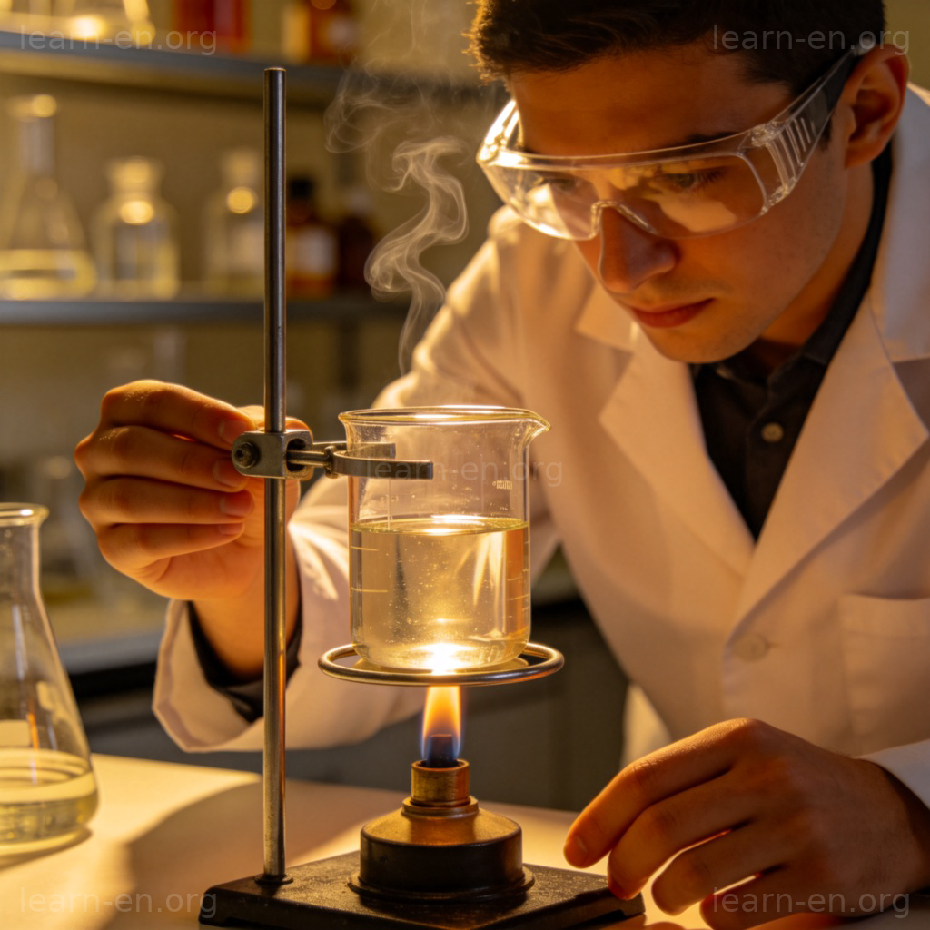 High Temperature 科学实验场景，加热烧杯中的液体