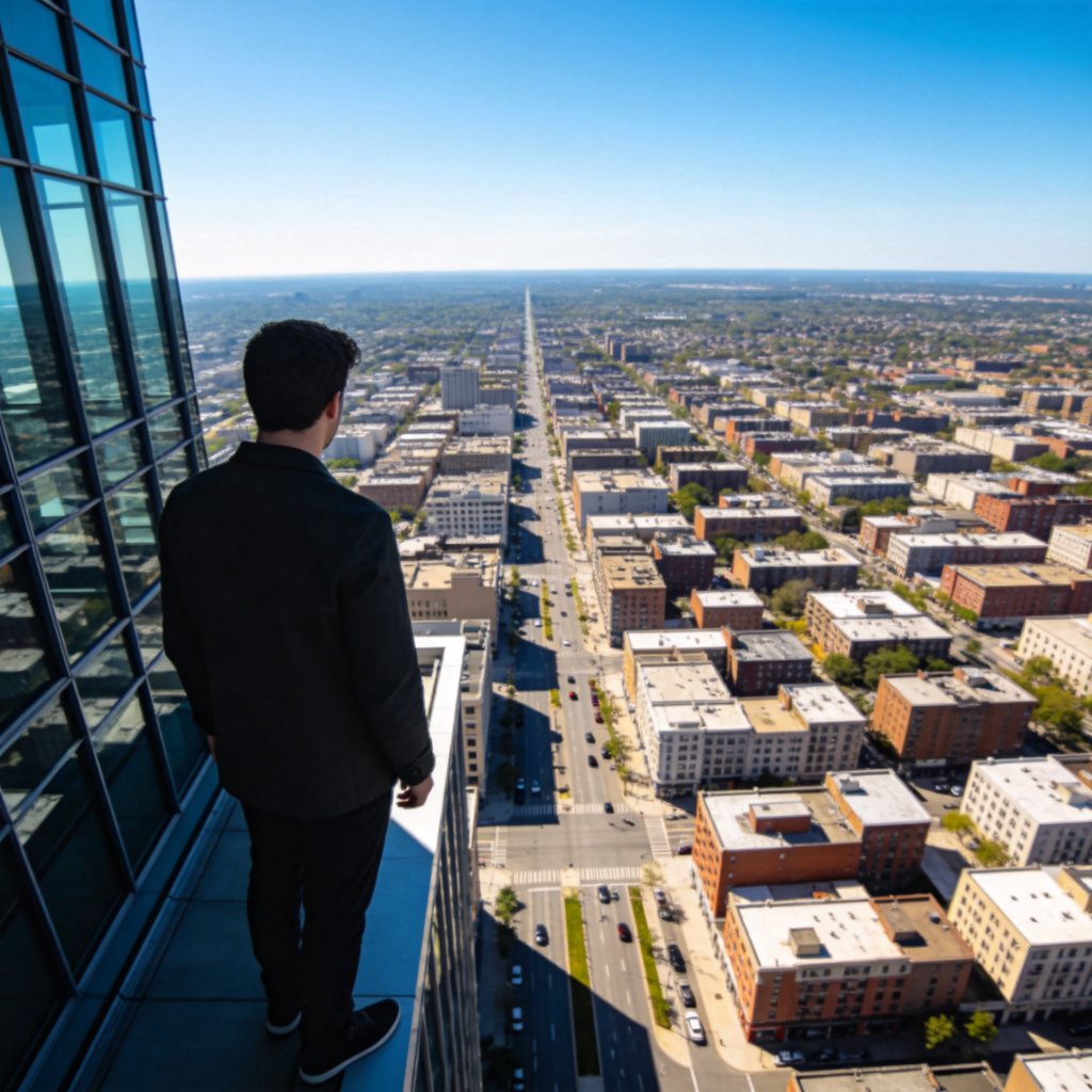 A person looking down from the top floor of a modern skyscraper, seeing the city streets and smaller buildings far below. Bright daylight, clear sky, focus on the person's perspective from the height. No text, realistic photography style.