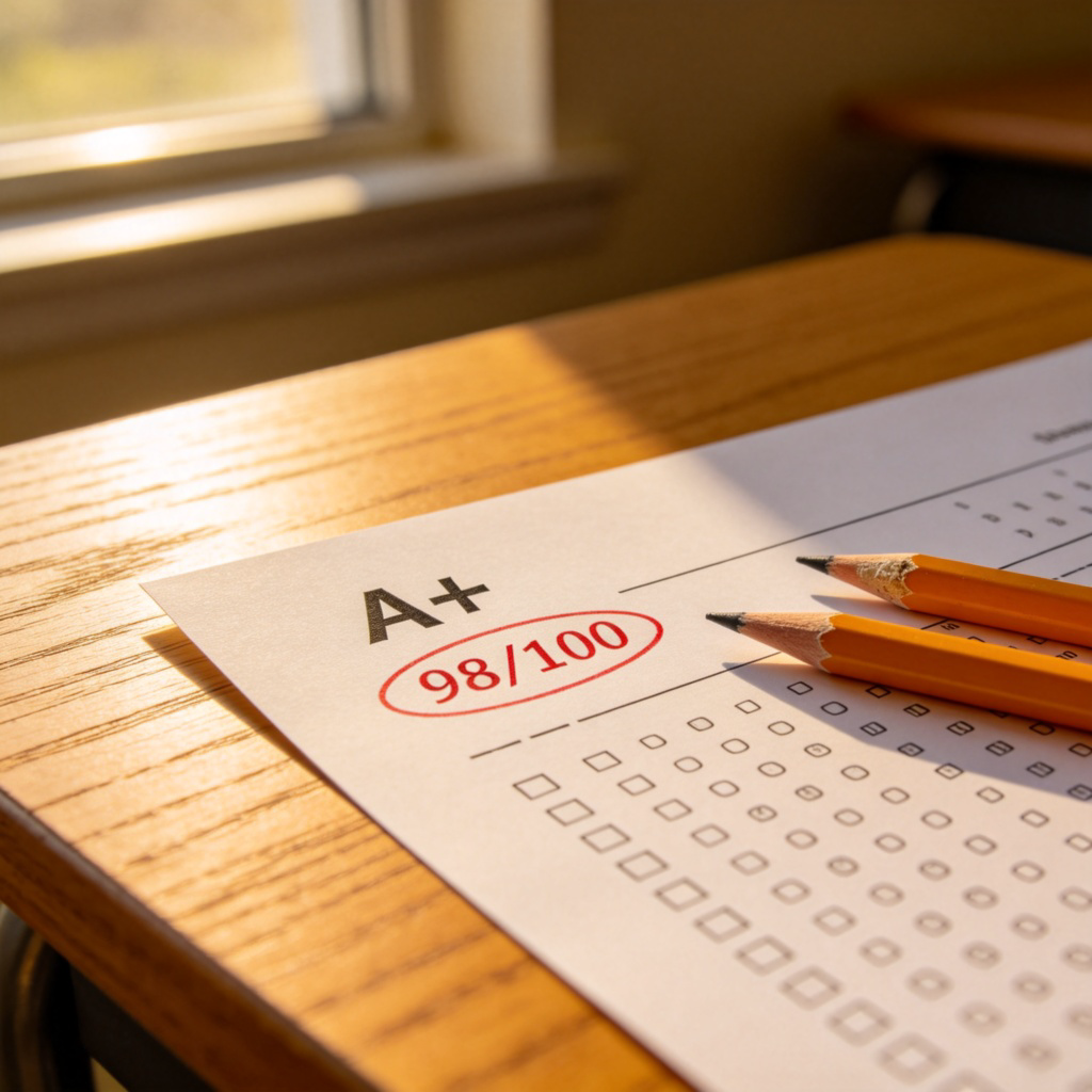 A close-up photo of an A+ grade on a school test paper, lying on a wooden desk. The score '98/100' is clearly visible and circled. Soft daylight from a window, pencils nearby. No faces or identifiable text beyond the grade.