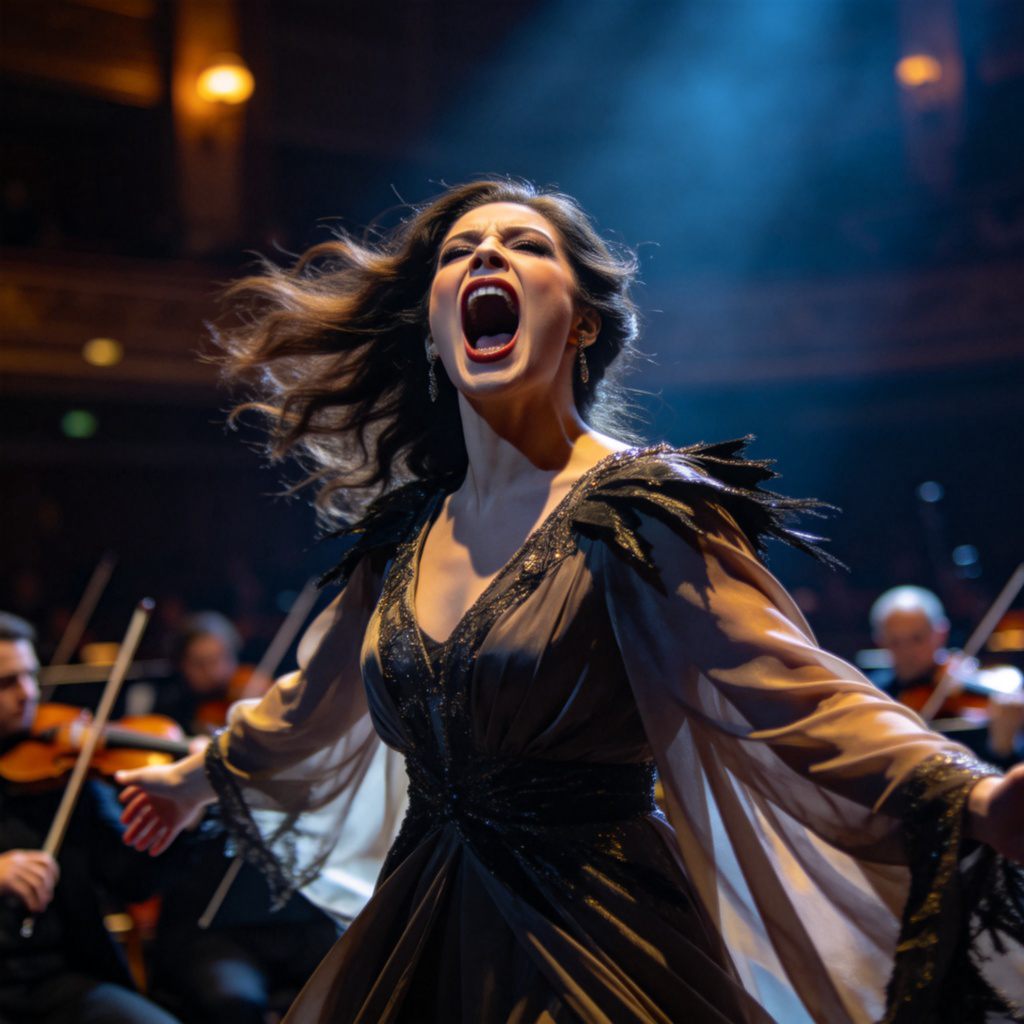 A female opera singer on stage, mouth open wide in mid-performance, hitting a powerful high note. The stage lights are focused on her, and the background is a dark concert hall with a blurry orchestra. Dynamic, realistic photo capturing the moment of singing.