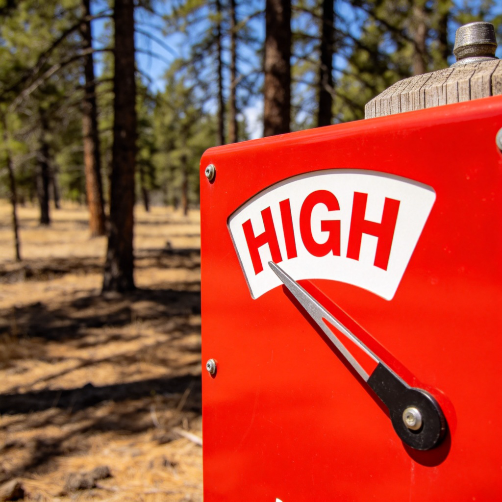 A close-up of a fire danger rating sign showing the needle pointing to "HIGH" in bright red, against a dry, sunny forest background. The word 'HIGH' is large and clear. Realistic style, sharp focus.