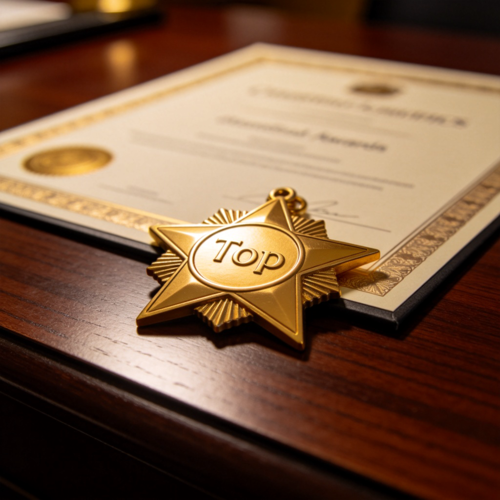 A close-up of a prestigious award certificate or medal, lying on a dark wood desk. A golden star or 'Top' seal is prominently attached to it, symbolizing high recognition. Soft lighting, realistic detail, no visible text.
