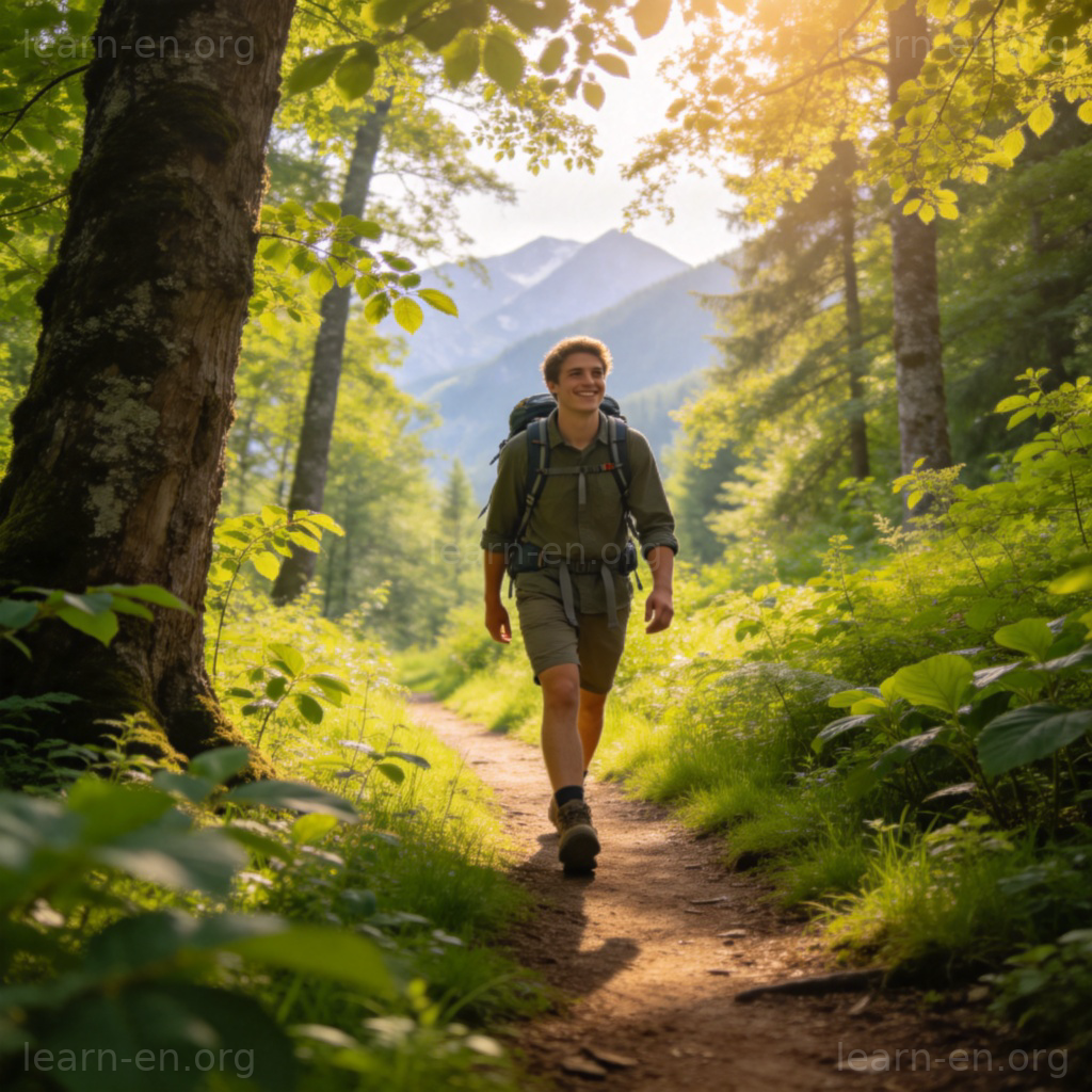 Hiker walking on forest trail with backpack