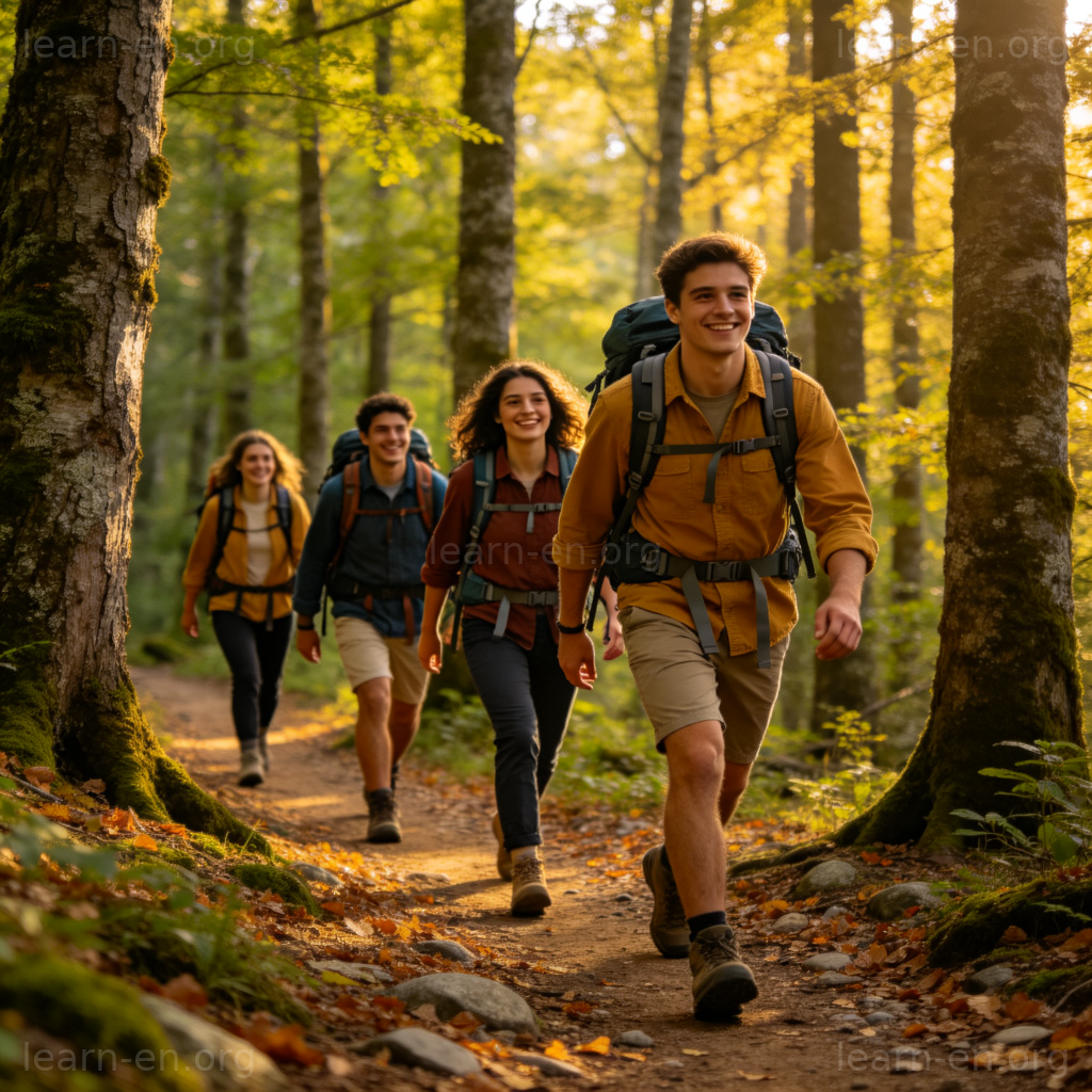 Group of friends hiking on a forest trail with backpacks