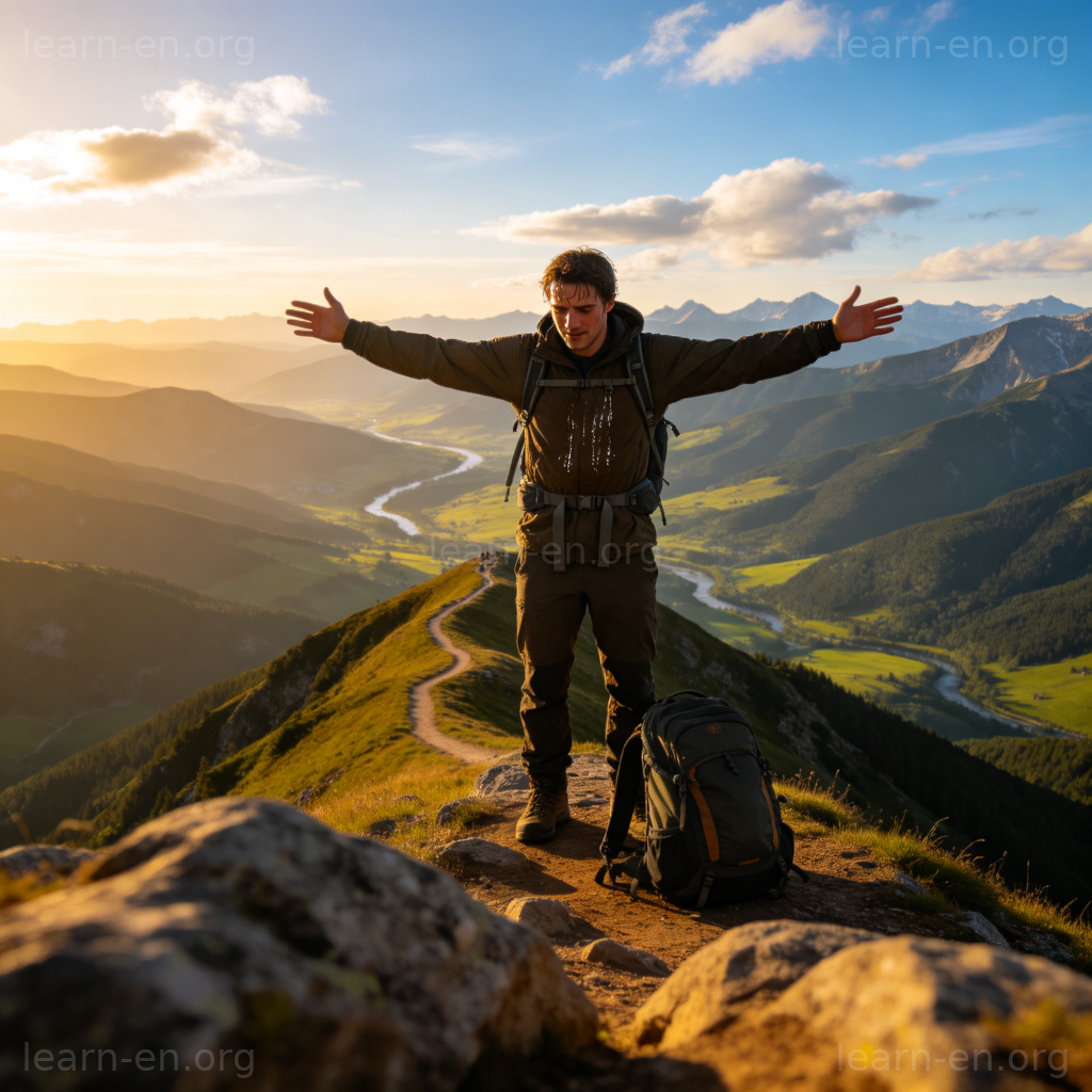 Hiker reaching mountain summit after long climb
