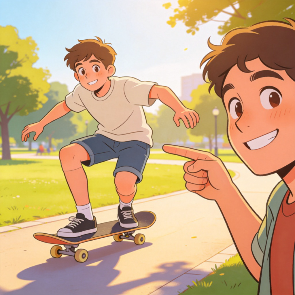 A teenage boy is skateboarding in a sunny park. Another person, off to the side, is pointing towards the boy with a friendly smile. Focus on the boy doing the action. The composition clearly shows the pointing gesture referencing the specific boy. Simple, cartoonish illustration style.