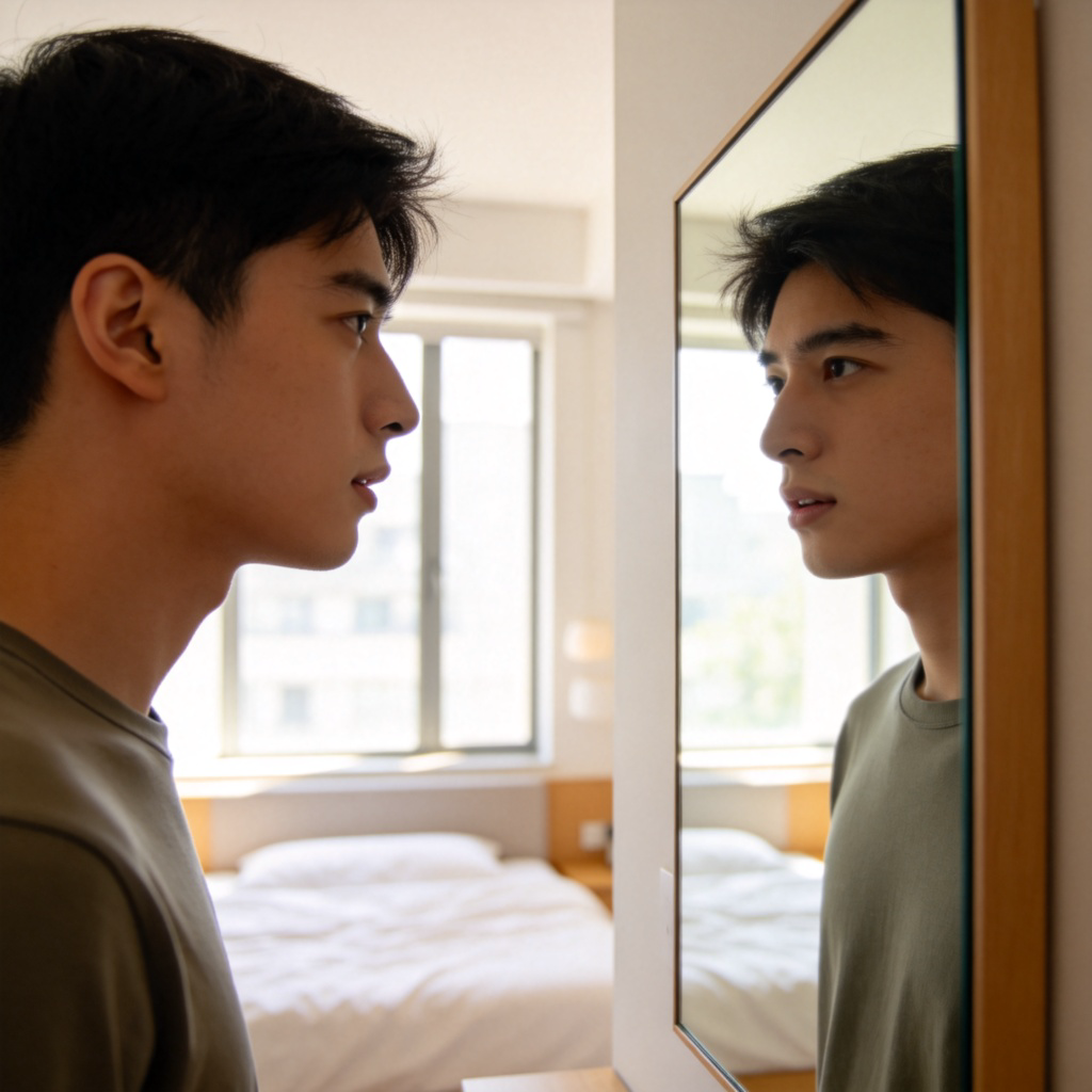 A young man standing alone in a clean, modern bedroom, looking at his own reflection in a wall mirror. He is speaking softly, showing he is talking to himself. The focus is on his face in the mirror and his real face, with a neutral expression. Soft daylight from a window. No other people in the room.