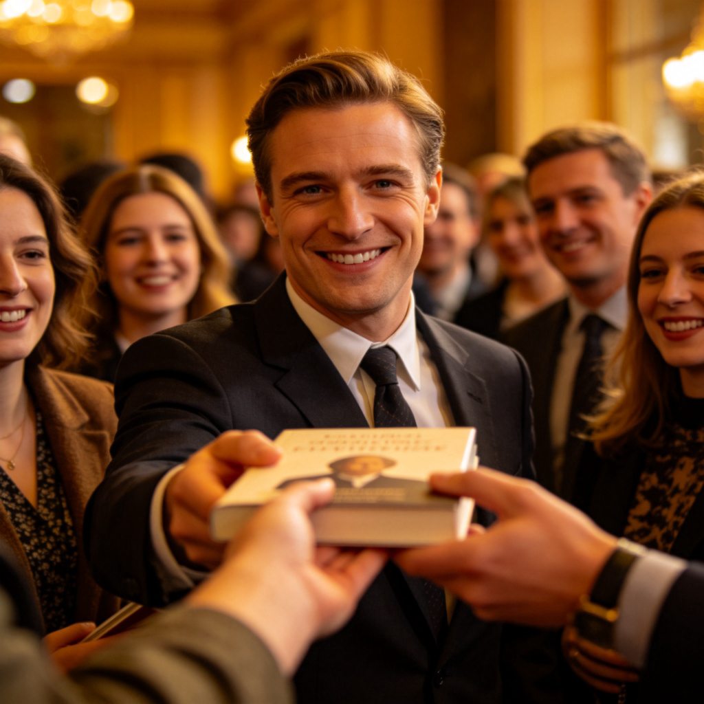 A well-dressed man is the clear center of attention in a crowd at a book signing event. He is smiling and directly handing a book to a fan, while other people in the background look on happily. The focus is on his action of giving, highlighting that he is the one doing it, not an assistant.