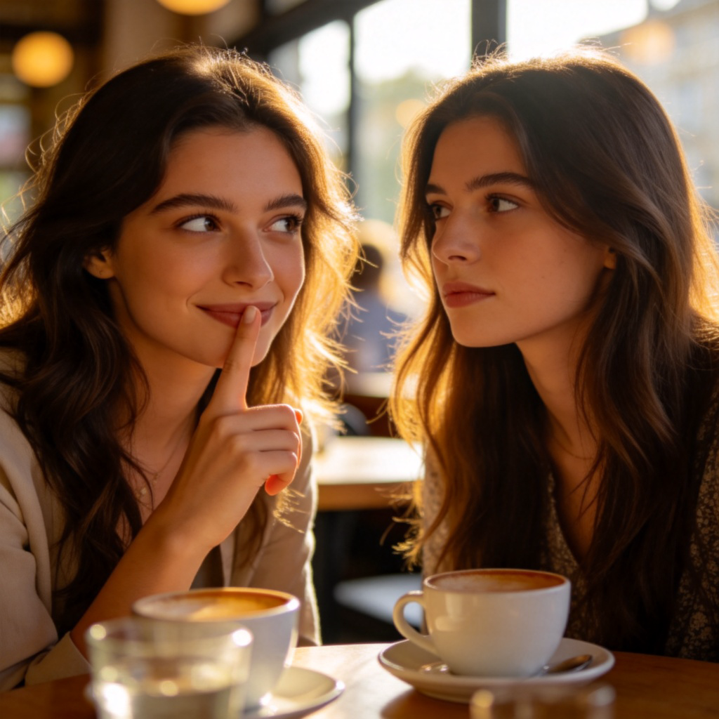 A close-up of two friends sitting at a cafe table. One person is giving a knowing look and a slight, subtle smile to the other, with a finger gently touching their own lips in a 'shush' gesture. The other person looks thoughtful, as if understanding something unspoken. Soft daylight, focus on their expressions. No text.