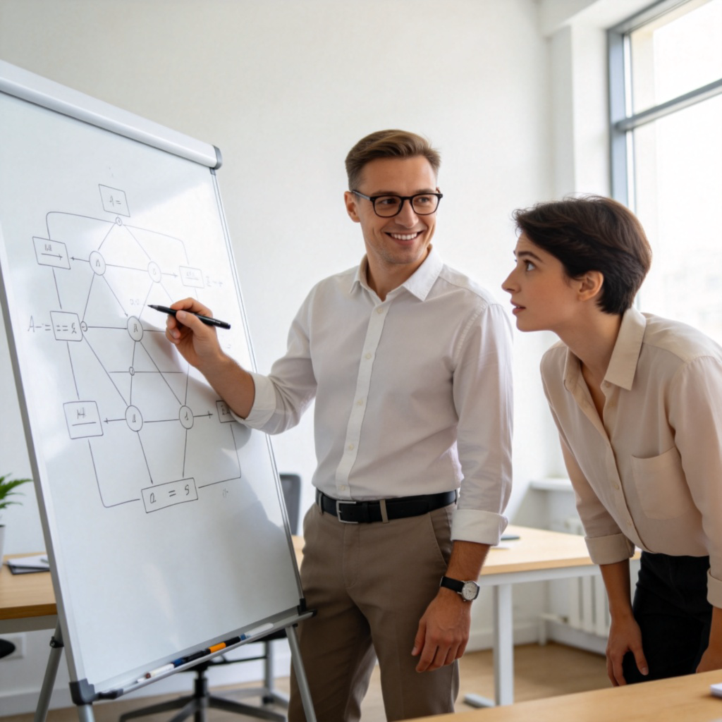 A person (teacher or colleague) standing beside a whiteboard, pointing with a pen to a part of a complex diagram or equation. Their expression is encouraging but not giving the full answer. The listener looks intrigued and is leaning forward slightly. Clean, well-lit office or classroom setting. No text.