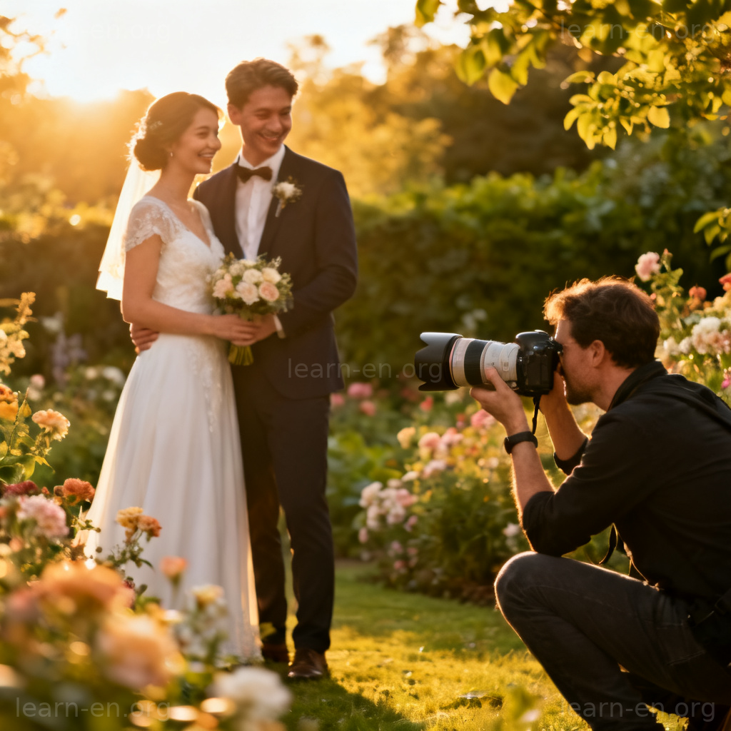 Hire explanation: A couple engaging a professional wedding photographer in a garden.