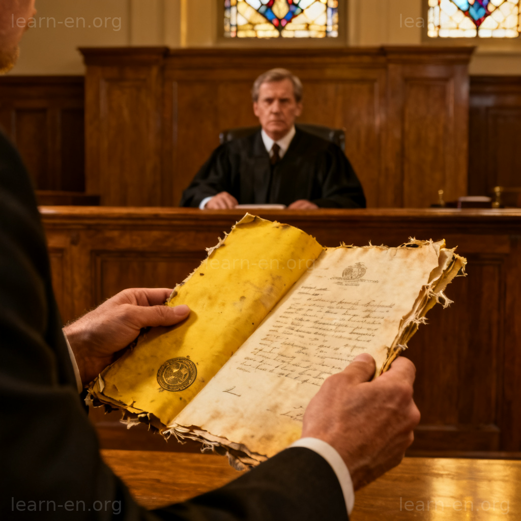 Lawyer holding old historical document as evidence in court