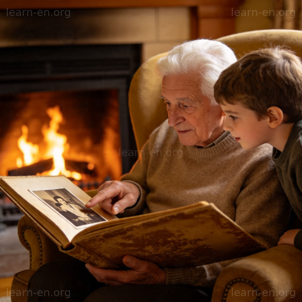 History study of the past: elder showing photo album to child