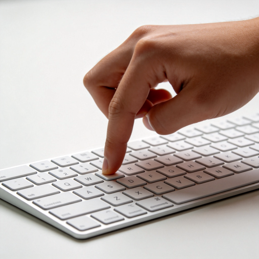 A person's hand is shown in a dynamic motion, fingers curled, hitting the keys of a computer keyboard with force. The focus is on the moment of impact between the fingertip and a key. Plain desk background, clean and well-lit. No text or logos.