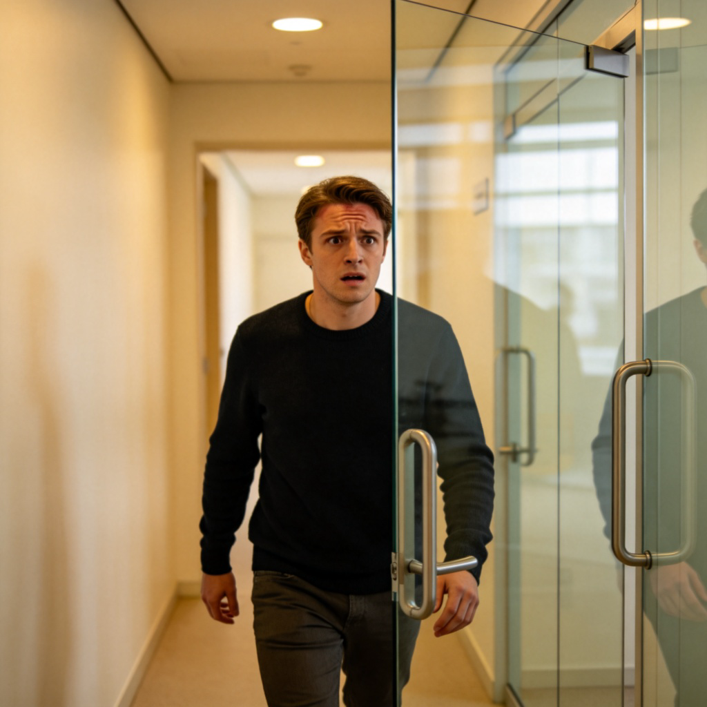 A person walking forward has just bumped their forehead against a clear glass door. A look of surprise and mild pain is on their face. The glass door is clean and reflective. The scene is indoors with a simple corridor background. No text.