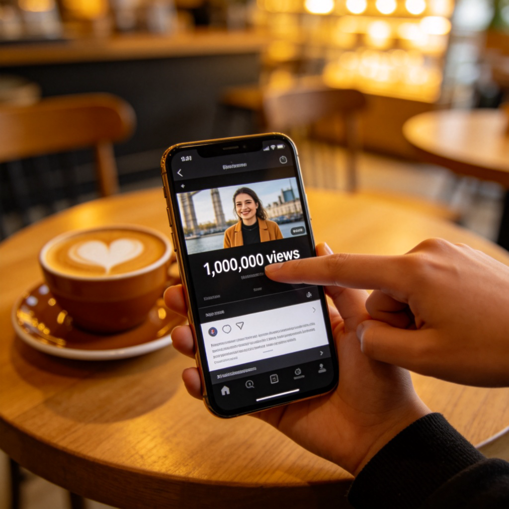 A close-up of a smartphone or laptop screen showing a video page. The view count clearly displays '1,000,000 views'. The hand of a person is pointing to the number with a satisfied expression. The background is a cozy cafe setting. No text on the image besides the displayed number.