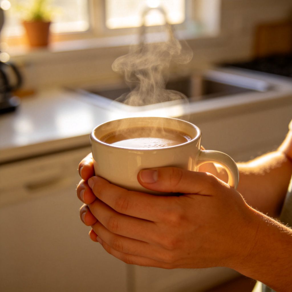 A close-up of a person's hands holding a warm, steaming mug of coffee. The hands are wrapped around the mug for warmth. Soft morning light, clean kitchen counter in the background. No text, focused on the action of holding.