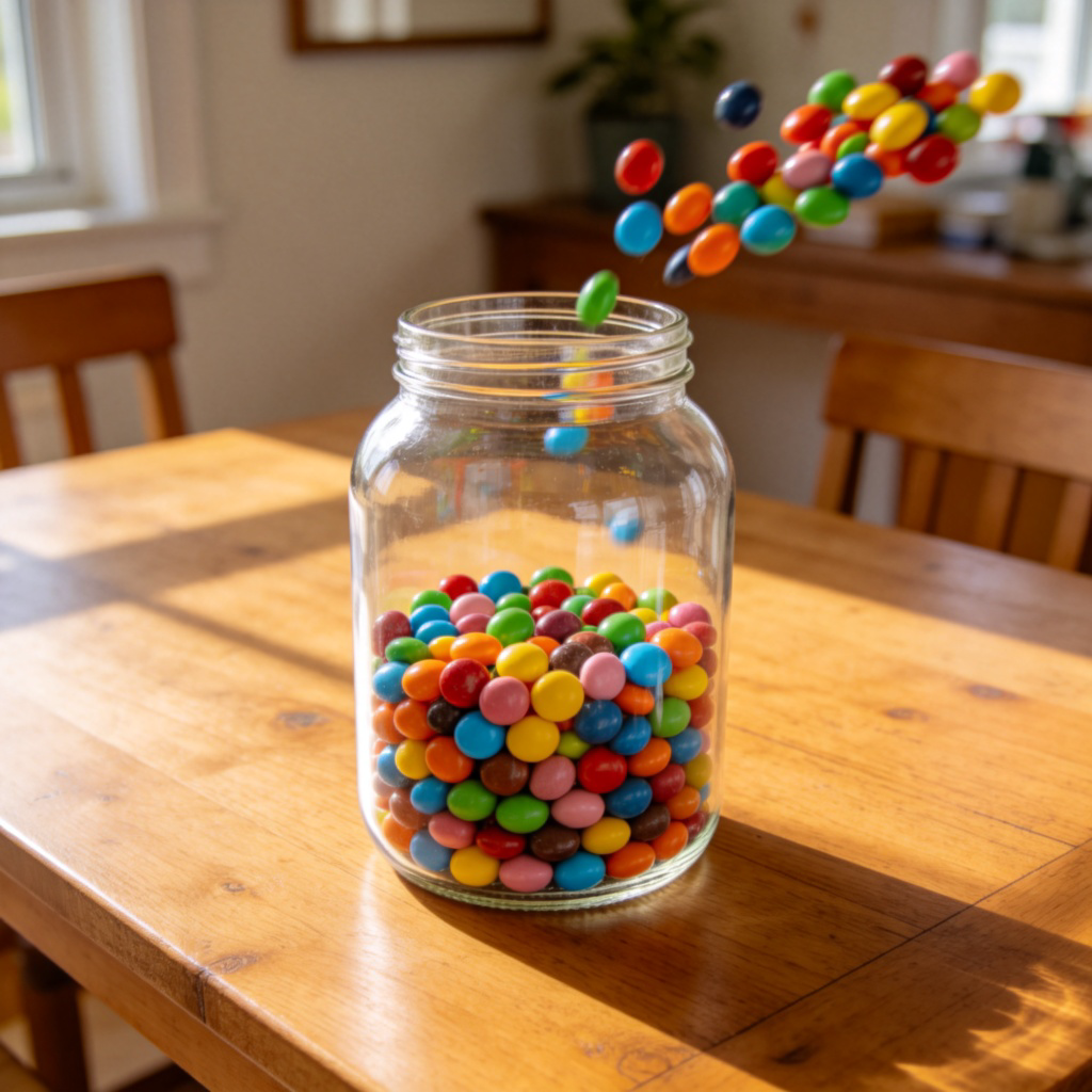 A wide-angle shot of a large, empty glass jar being filled with colorful candies, almost to the brim. The jar is on a wooden table. The focus is on the jar's capacity to hold many items. Bright, cheerful lighting. No text.