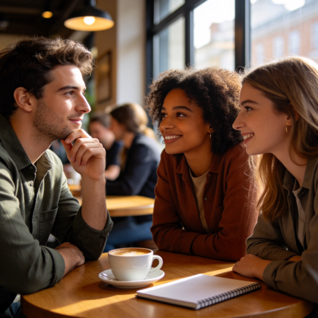 A diverse group of three people engaged in a friendly discussion at a cafe table. One person is gesturing thoughtfully, symbolizing the act of holding a viewpoint. Casual atmosphere, natural light. No text, focus on the exchange of ideas.