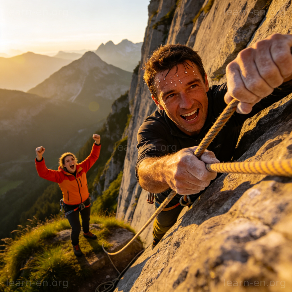 hold on tight 场景：登山者紧抓绳索坚持攀登
